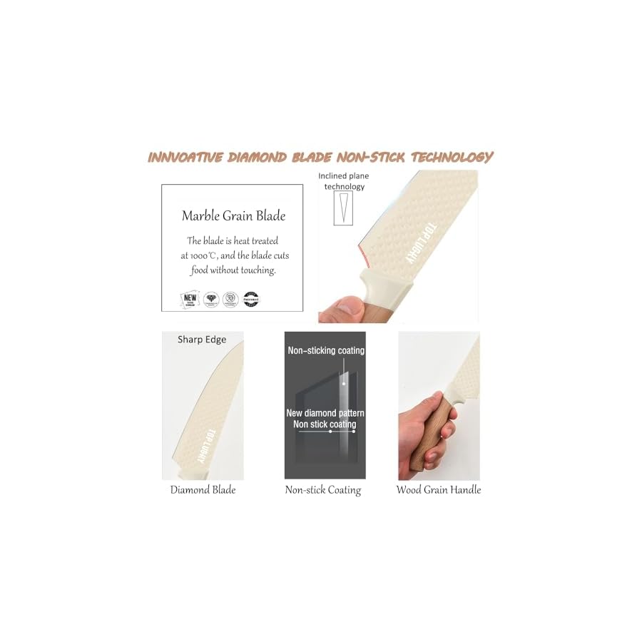 YF-TOW Knife Set, 6-Piece Beige Professional Chef Knife Set with Universal Knife Block, Super Sharp Kitchen Knife Block Set, Anti-Rust Stainless Steel and Non-slip Ergonomic Handles (Beige)