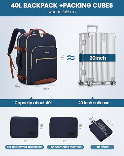 Image of LOVEVOOK 40L Travel Backpack Flight Approved Carry on Backpack,3 Packing Cubes,Waterproof Personal Item Travel Bag,TSA Carry on Luggage Suitcase Travel Essentials,Gifts for Women & Men,fits 17 inch Laptop
