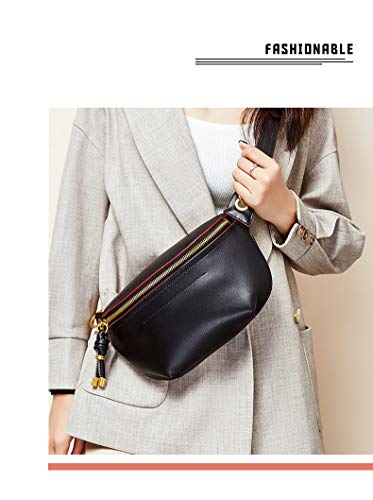 Women Chain Strap Cross-body Bags Genuine Leather Waist Bag with Zipper Closure for Daily (Black)2