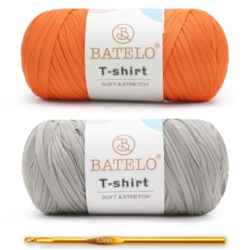 Image of 2 Pack T-Shirt Yarn for Beginner Crochet Bags /Basket /Coaster, 400g /144yds High Elastic Thick Polyester Fabric (Light Gray+Orange)