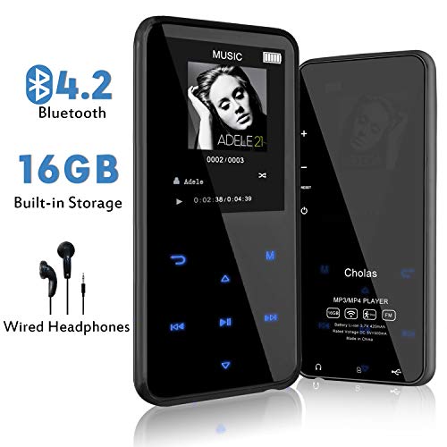 MP3 Player with Bluetooth 4.2, Cholas MP3 Player with 2.4 Inch Screen, 16GB MP3 Player with Headphones, Speaker, Voice Recorder, FM Radio Recording, Pedometer, Support up To 128GB