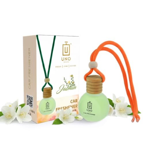 Image of UNO AROMA Jasmine Car Air Freshener, 15ml, Long Lasting Hanging car perfume, Toxin-Free Oil in Glass Bottle with Wooden Diffuser, Car Accessories for fresh aroma, Last Upto-60 Days