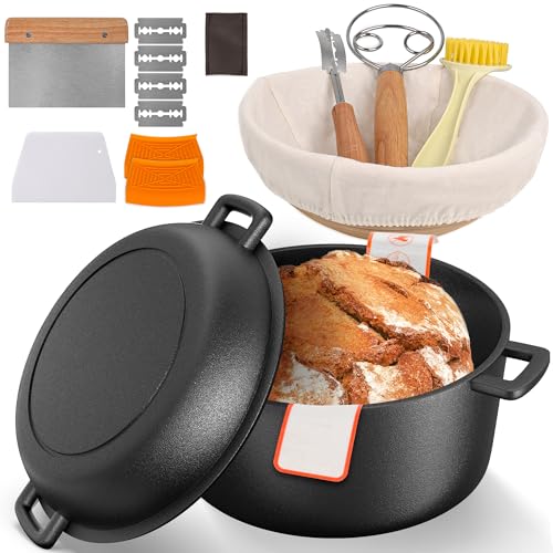 Cast Iron Dutch Oven for Bread Baking, 5 QT Pre-Seasoned Dutch Oven Pot with Skillet Lid, Includes Sourdough Bread Baking Supplies, Cast Iron Pot for Frying, Baking, Braising, BBQ