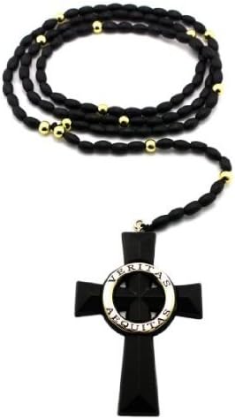 Veritas Aequitas Saints Cross Rosary w/5mm 39" Wooden Beads Rosary Necklace XJ199BKG Black Gold Color