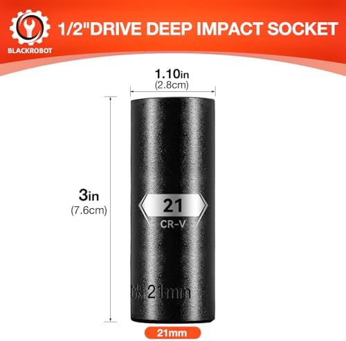 1/2 Inch Drive 6-Point Deep Socket, 21mm Deep Impact Socket, CR-V Steel - 1