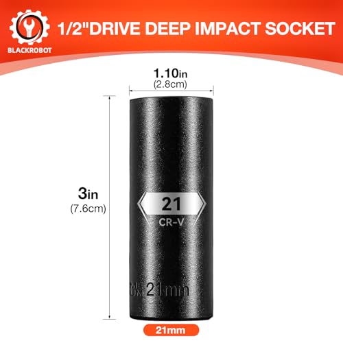 1/2 Inch Drive 6-Point Deep Socket, 21mm Deep Impact Socket, CR-V Steel