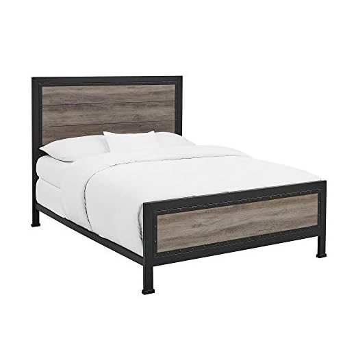 Walker Edison Rustic Farmhouse Wood and Metal Queen Metal Bed Headboard Footboard Bed Frame Bedroom, Queen, Grey Wash