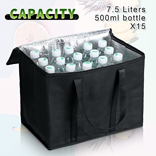 Kenning 15 Pcs Large Insulated Reusable Grocery Bags with Sturdy Zipper and Handles Foldable Washable Cooler Totes Heavy Duty Hot or Cold Food Delivery Bag for Food Transport Travel Lunch (Black)