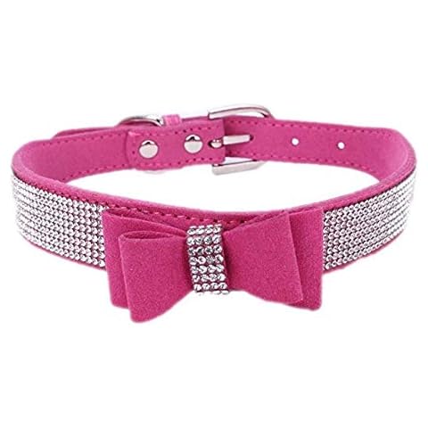 Pimaodog Rhinestone Dog Collar, Cute Dazzling Sparkling Soft Suede Leather Adjustable Pet Dog Cat Collar Crystal Diamond for Puppy Small Medium Large Dogs (S:26-32cm, Hot Pink-1) Cover