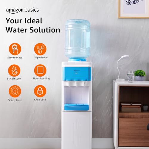 Image of Amazon Basics Hot and Cold Floor Standing Water Dispenser - Top Loading, 20 litres | White & Blue | Compact Design with Hot, Cold and Normal Temperature Settings