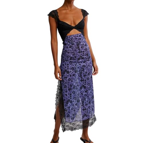 Women Sexy Lace Patchwork Mesh Dress Floral Print Cutout