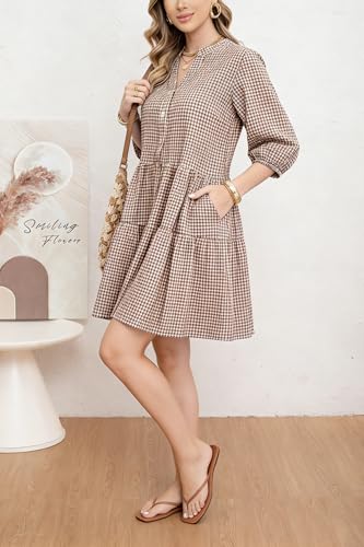 Image of utcoco Women's 2026 Spring Summer Plaid Shirt Dress 3 /4 Puff Sleeve Button Down Loose Casual Midi Dress with Pockets