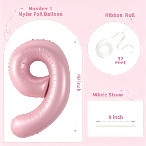 Image of SINBEE Pink 9 Number Balloon, 40 Inch, Mylar Foil, for Birthday Party Decorations, Girls