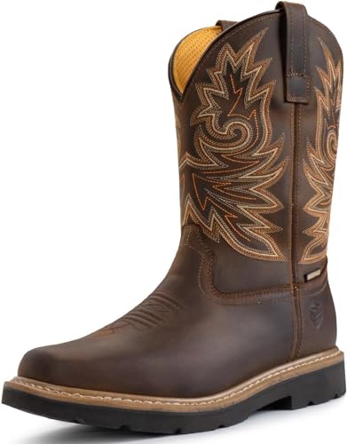 SUREWAY Mens Western Square Toe Cowboy Boots for Men,Soft/Steel Toe Full Grain Leather Slip On Pull On Work Boots for Construction Farming,Waterproof Steel Toe Brown,Size 11