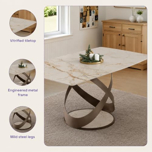 Image of Wakefit Mochi Dining Table - Golden Statuario - 6 Seater I Marble Finish I Vitrified Tile Top I Golden Statuario