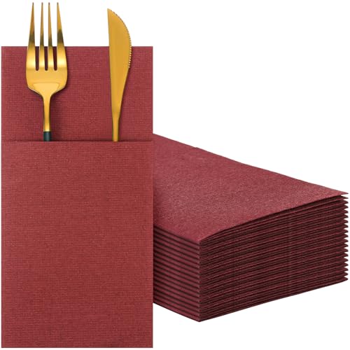 35 Pieces Pocket Napkins, Linen Feel Napkins, Disposable Airlaid Paper Napkins Prefolded Dinner Napkins with Built in Flatware P