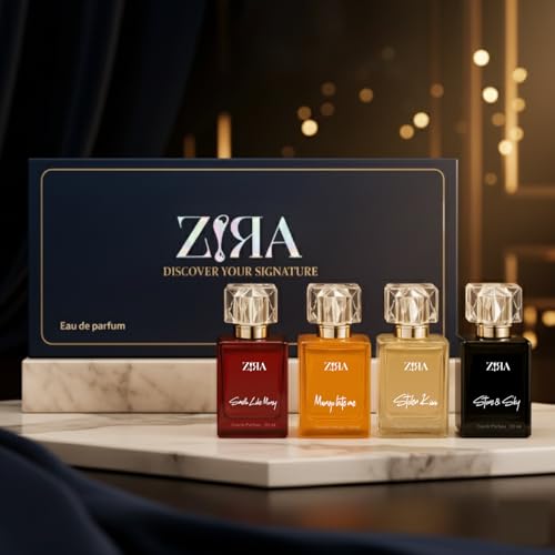 Image of ZIRA Perfume Gift Box - 4 Signature EDP Collection, Long-Lasting Fruity, Floral, Woody & Spicy Perfumes for Men & Women, Premium Travel-Friendly Fragrance Set (30ml Each)