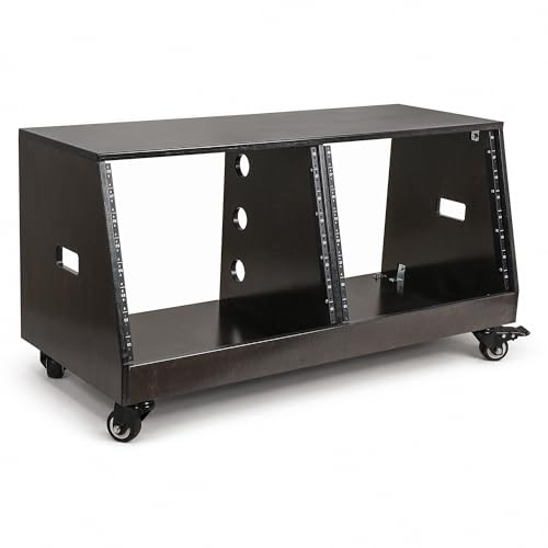 Image of Sound Town DIY 2 x 8U Slanted Double-Bay Studio Rack with Casters for Home Studio and Recording Room, Baltic Birch Plywood, Black Espresso (SDRK-D8TD)