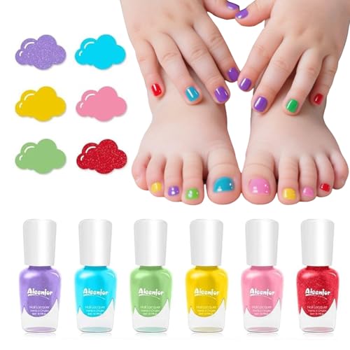 Aieenjor Kinder-nagellack Set Nagellack Kinder ab 2 3 4 5 Jahre Mädchen Ungiftig Abziehbar Wasserbasis Kinde Mädchen Geschenk Kit- 6 Farben Regenbogen Party Favors