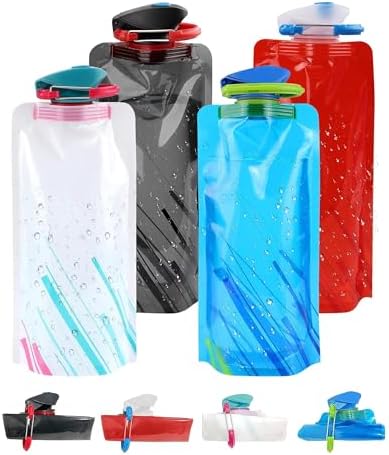 4 Pack Collapsible Water Bottle with Carabiner, 23oz Foldable Reu...