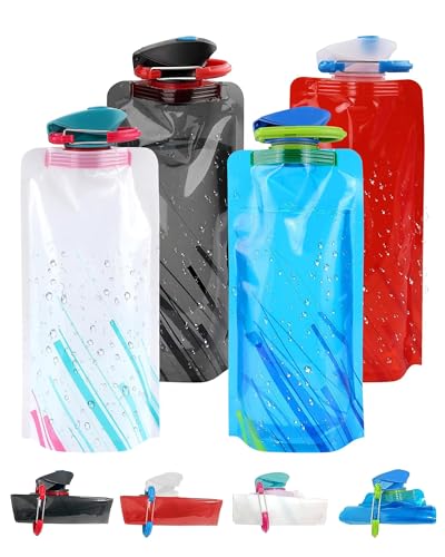 xinkerco 4 Pack Collapsible Water Bottle with Carabiner 23oz Foldable Reusable BPA-Free Water Bottles with Leakproof Lid for Traveling Hiking Camping Biking