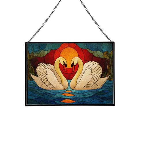 Swans Forming Heart with Necks Rectangular Stained Glass Suncatcher – Hanging Window Panel with Animal & Nature Scene – Vibrant Glass Art Gift for Wildlife, Fantasy, Nature Lovers oL7ZkT