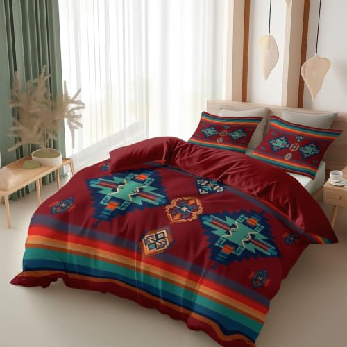Housse de couette 200x200 géométrique bohème avec 2 taies d'oreiller