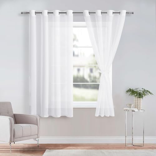 DWCN Gardinen aus Voile Polyester 2er Set Sheer Voile Vorhänge mit Ösen Transparente Gardinen für Balkon, Weiß, 137x140cm(HxB)