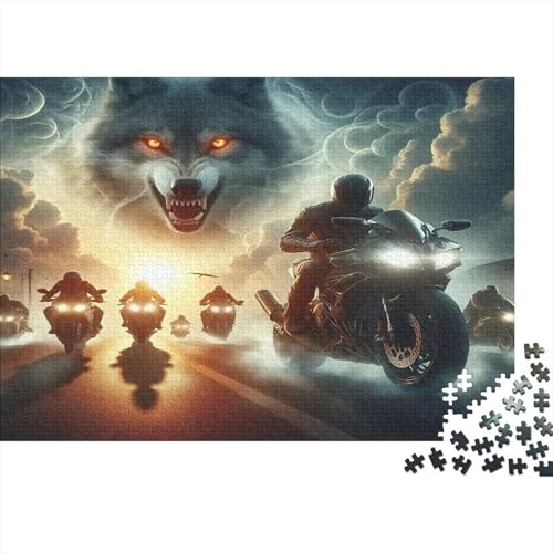 Puzzle de 1000 piezas para adultos con diseño de ilusión de lobo y motos