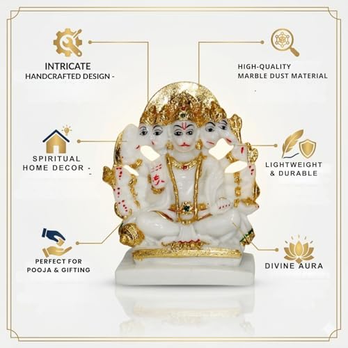 Image of Panchmukhi Hanuman Idol Marble Finish | Five-Faced Hanuman Statue for Home Temple Decor | Gold Painted Hindu God Showpiece for Puja Room & Gift