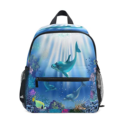 Rucksack für Kinder, Motiv: Ozean, Meerestier, Delfin, Fisch, Kinder, Rucksack für Mädchen und Jungen, kleine Schul-Umhängetasche mit Namensschildern, Vorschule, Studenten, Büchertasche, Reisen,