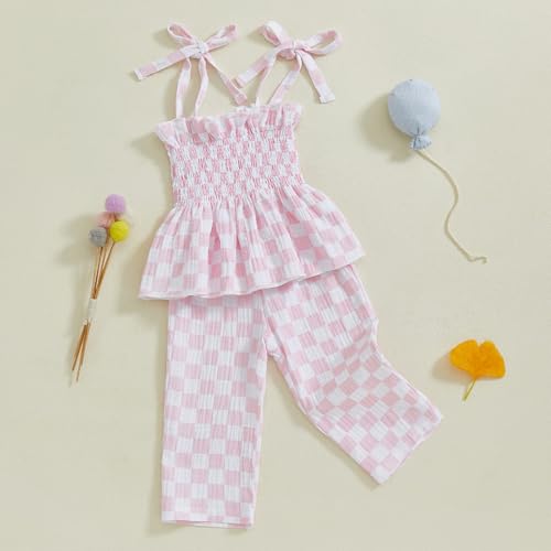 Image of Thorn Tree Toddler Girl Clothes Plaid Printed Sleeveless Pleated Camisole Linen Pants Set Baby Summer Outfits