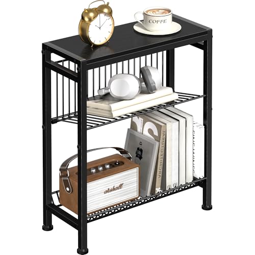 Homedawn Narrow Side Table for Small Space, 3-Tier End Table with Magazine Holder, Slim Nightstand with Wire Shelf, Skinny Bedside Table in Living Room, Bedroom, Study, Kitchen and Balcony (Black)
