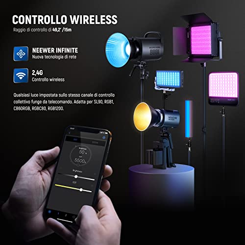 NEEWER MS60B Luce Video LED con Controllo 2,4G/APP, 65W Mini Faretto a Luce Continua Bicolore COB Compatto in Metallo 2700K-6500K, 40000lux@1m, CRI 97+/TLCI 98+, 12 Effetti, Dimmer PWM, Attacco Bowens