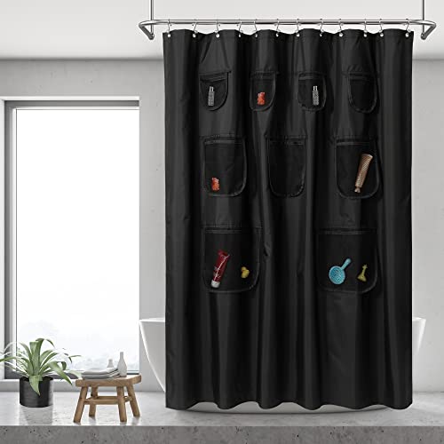 N&Y HOME Waterproof Fabric Shower Curtain or Liner with 9 Mesh Pockets - Black 71x72 Inches