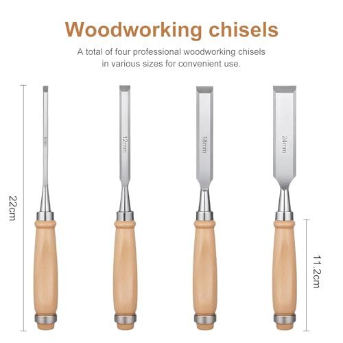 Riceel 4TLG.Holz Tischler Werkzeug, Stechbeitel Set für Holz 6 8 12 24mm Scharfes Stecheisen Set 22cm Meißel Set mit scharfer Schrägkante & hochschlagfestem Baumholzgriff