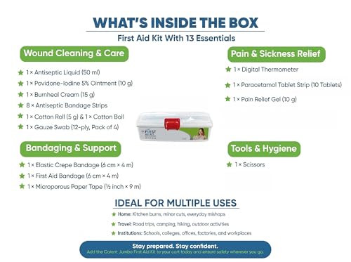 Image of Carent Small First Aid Kit for Home, Office & Travel | 13 Essential Medical Supplies | Burn Cream, Antiseptic, Bandages, Thermometer & More | Emergency Care Kit