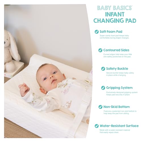 Image of Regalo Baby Basics Changing Pad with Non-Slip Grip System, Waterproof Diaper Changing Pad for Dresser or Changing Table, Contoured Infant Changing Pad with Safety Strap, White