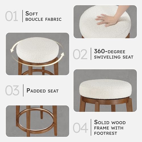 Butaco giratorio de altura de barra Lexicon estilo mid-century, asiento tapizado en bouclé blanco y estructura de madera maciza, sin respaldo, giro de 360 grados para isla de cocina y barra doméstica, color marrón miniatura 3