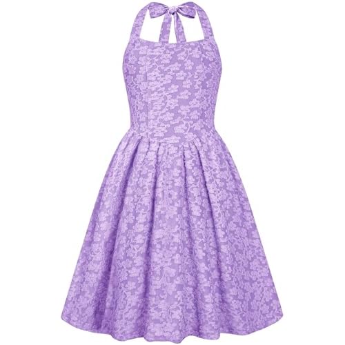 HOZIY Girls Dresses Floral Halter Tie Back Short Dress Juniors Summer A-Line Flowy Backless Sundress 5-14 Years 9-10 Years Purple