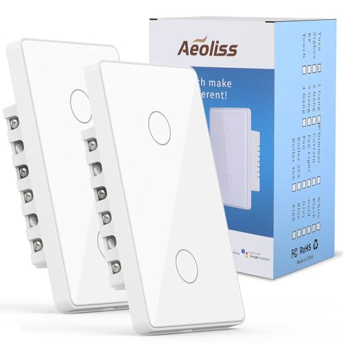 AEOLISS 2.4GHz WiFi Smart Touch Wall Single Fire Smart Light Switch, Need Neutral Wire, Glass Panel Light Switch Work with Smart Life/Tuya App, Alexa and Google Home 2 Pack (White 2 Gang)