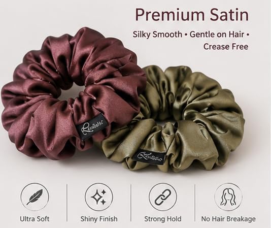 Lekshika Premium Satin Scrunchies for Women & Girls | Soft Silk Hair Scrunchies with Strong Elastic | No Hair Damage Ponytail Holder | Gentle Hair Ties for Thick, Curly & Straight Hair | Olive Green & Burgundy 1