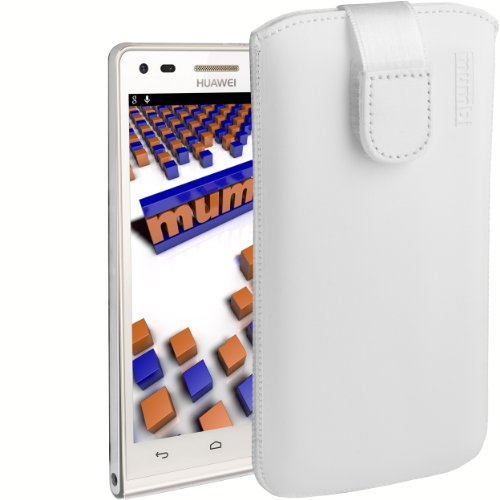 mumbi Bolso de Cuero Real Compatible con Huawei Ascend P7 Mini, (Pestaña con función de retracción, Auxiliar de extracción), Blanc