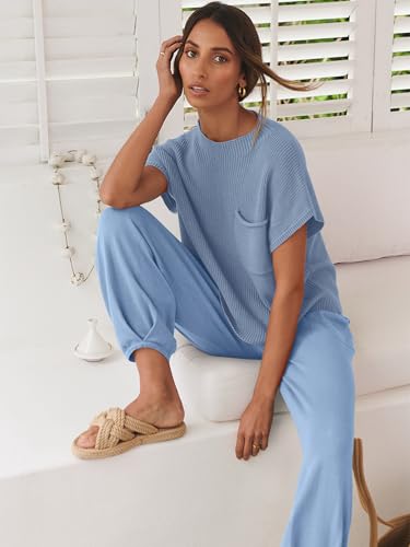 Image of ANRABESS Women's Two Piece Outfits Sweater Sets Knit Pullover Tops and High Waisted Pants Tracksuit Lounge Sets