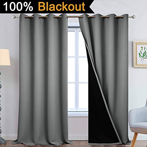 Image of Yakamok Gray 100% Blackout Curtains Energy Saving Thermal Insulated 2 Thick Layers Completely Blackout Drapes with Black Liner for Bedroom (52Wx108L, Grey, 2 Panels)