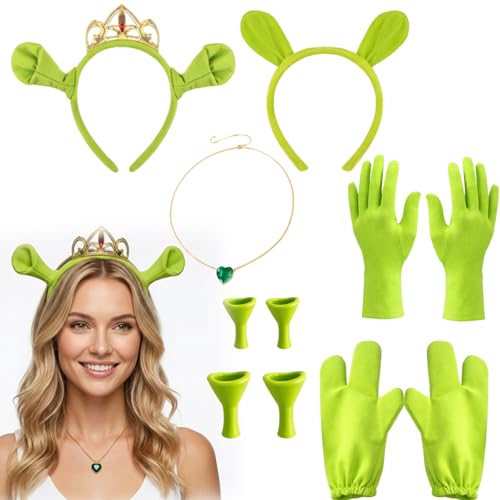 GxouQcn Ogre Ears Green Fascinator 7 Piece Headband Set Halloween Costume Accessories Green Monster Set with Crown Ears Necklace Gloves and Shoe Decorations