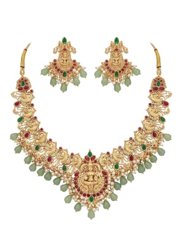 Antique Gold Plated Temple Jewellery Necklace Set with Earrings for Women Traditional Indian Bridal Necklace Set South Indian Choker Haram Style Jewellery Set Ethnic Wedding Party Wear Necklace Set for Women (South-Set-102-Green)