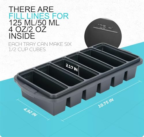 Image of Silicone Freezer Tray With Lid-Soup Freezer Container molds-Large Ice Cube Tray Set Makes 2-Cup & 1 /2-Cup portions cubes Perfect for preparing meals in different portion sizes Oven & Dishwasher -Safe