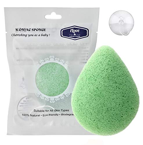 Ilove Konjac Sponge?100% Natural Cleansing Gentle Exfoliating Konjac Facial Sponge?Original Pure Konjac with Green Tea?Suction Hook as a Gift
