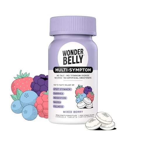 Wonderbelly Multi-Symptom Medicine Anti-Diarrhea & Upset Stomach Relief with Bismuth Subsalicylate Mixed Berry 40 Chewable Tablets